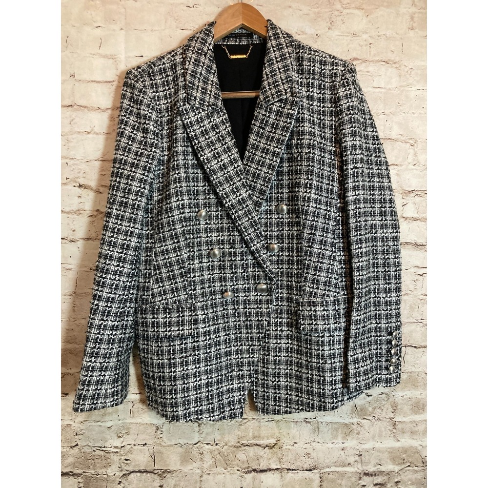 Elie Tahari Tweed Double Breasted Blazer Jacket Womens Large Gray Office Career